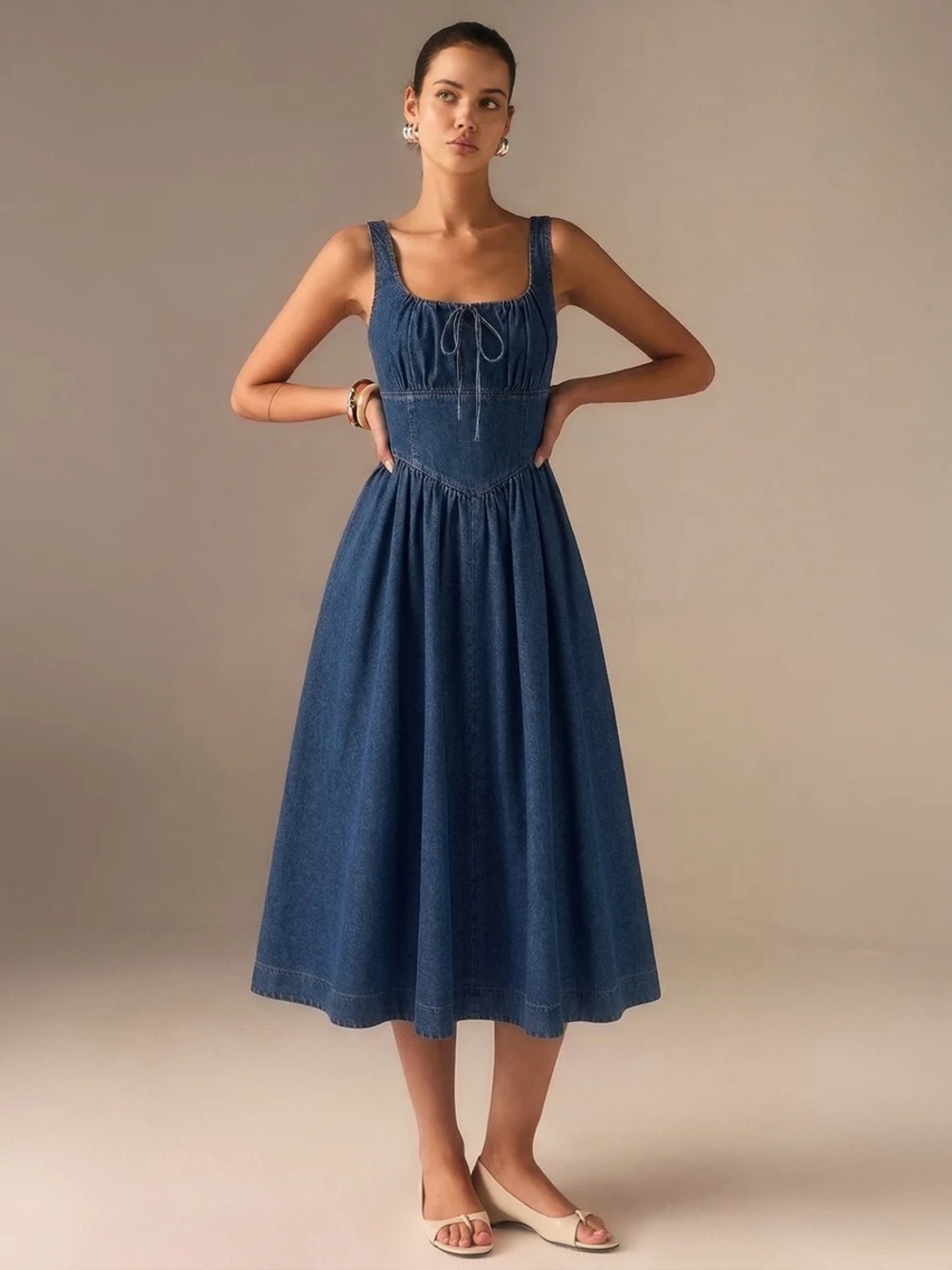 Commense Denim Square Neck Tie Front Midi Dress